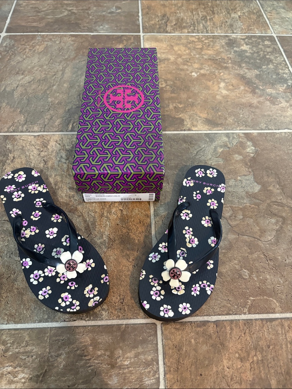 Tory Burch Black Floral Logo Flower Flip Flop Sandals